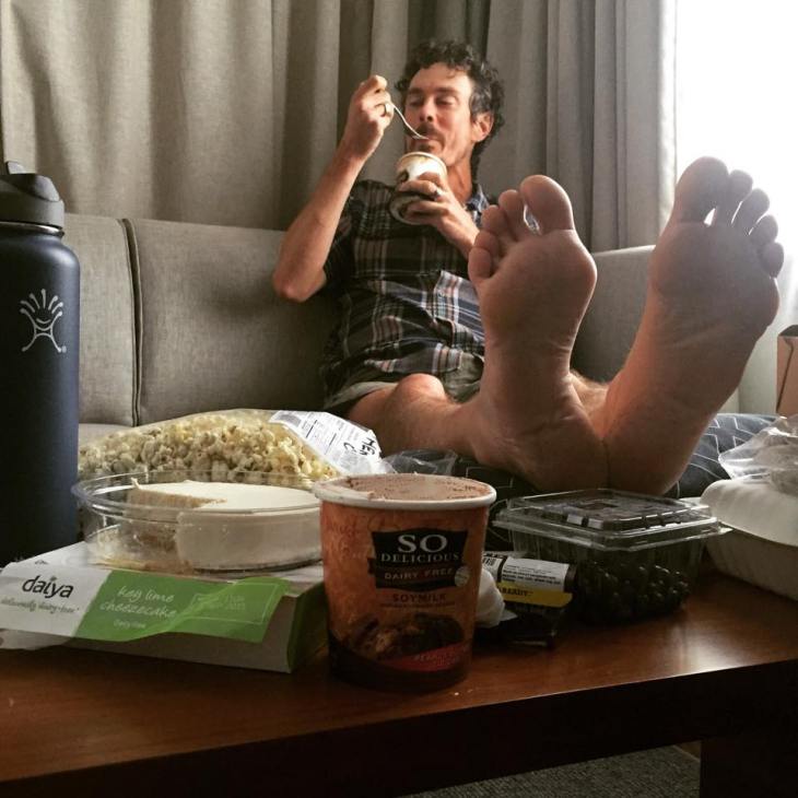 Scott Jurek shows his feet after 2,180 miles on the AT (from Scott Jurek's Facebook page)